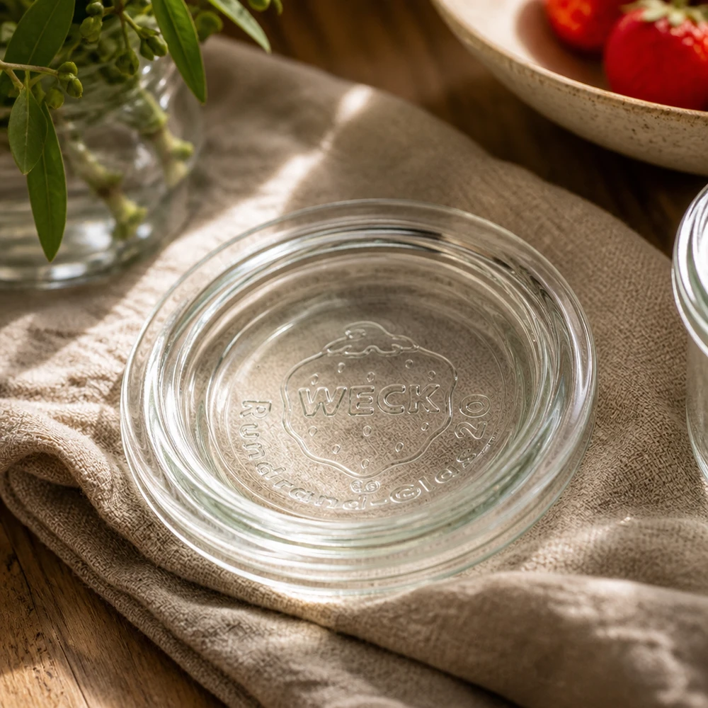 Couvercle en verre WECK RR40 WECK Couvercle en verre RR40 sur torchon de cuisine avec décoration - présentation élégante pour une mise en conserve durable