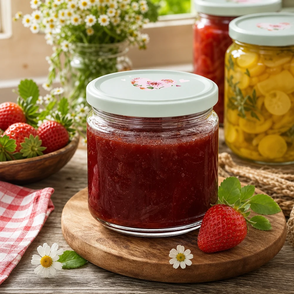 330ml pot rond confiture de fraise BasicSeal couvercle motif cœur menthe pot à confiture confiture cuisine planche en bois