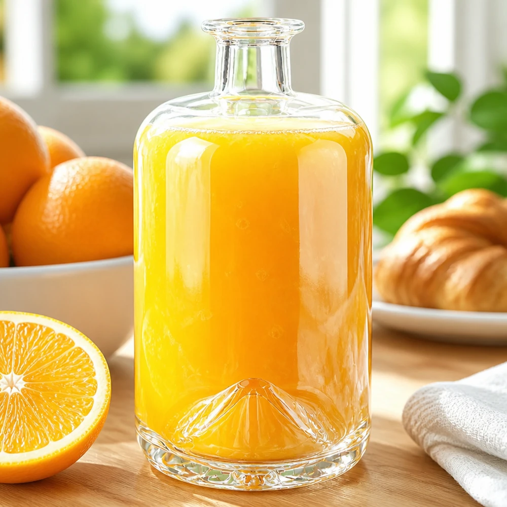 Bouteille en verre de 700 ml Sofia remplie de jus d'orange à côté d'oranges fraîches et de croissants dans une scène de petit-déjeuner ensoleillée