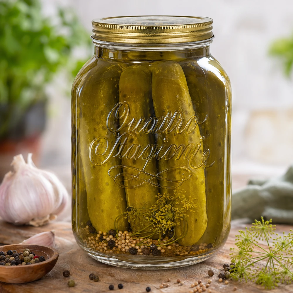 Grand bocal Quattro Stagioni de 3 litres rempli de cornichons