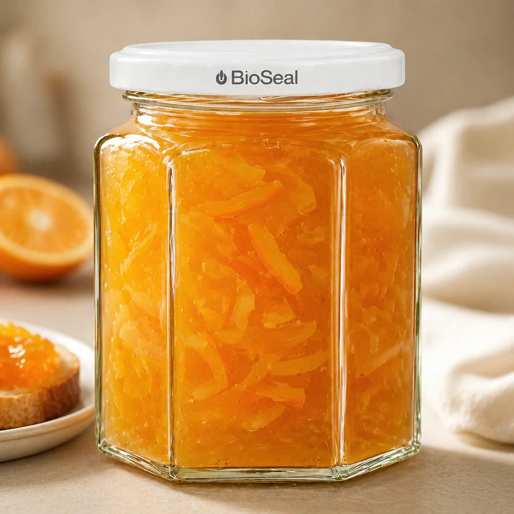 UNiTWIST Hexa288 Pot de confiture rempli de marmelade d'orange avec couvercle blanc TO63 BioSeal à côté du toast