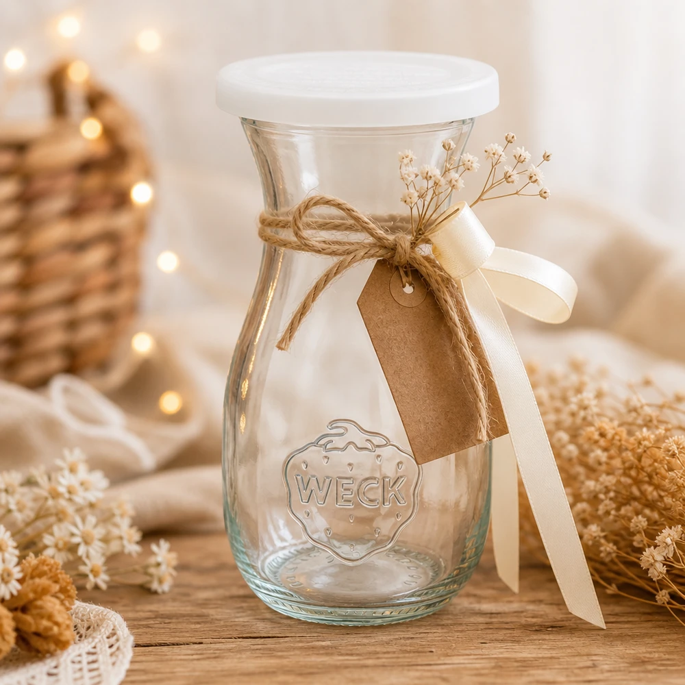 Bouteille à jus de 290 ml avec couvercle fraîcheur WECK RR60 WECK Bouteille de jus de 290 ml décorée avec un pendentif en forme de boucle de jute et des fleurs séchées sur une table en bois avec une lumière chaude