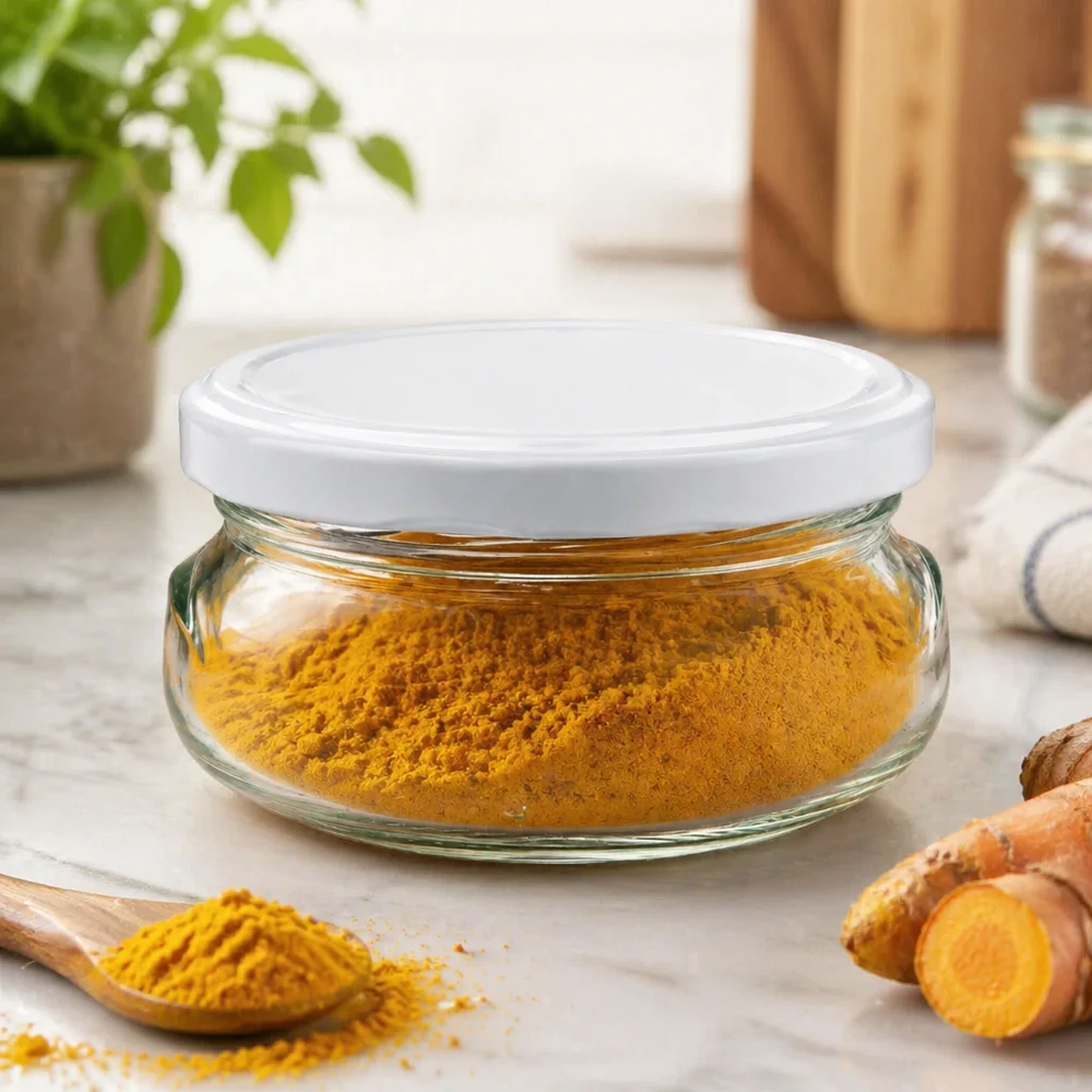 Pot à terrine 120ml avec couvercle blanc rempli de poudre de curcuma dans un environnement de cuisine avec des racines de curcuma fraîches