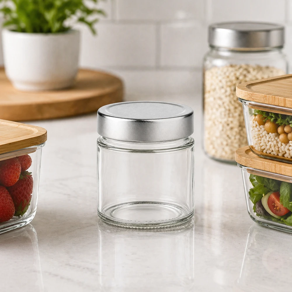 135ml verre rond argent couvercle scène de cuisine avec bocaux à provisions baies salade céréales conservation moderne