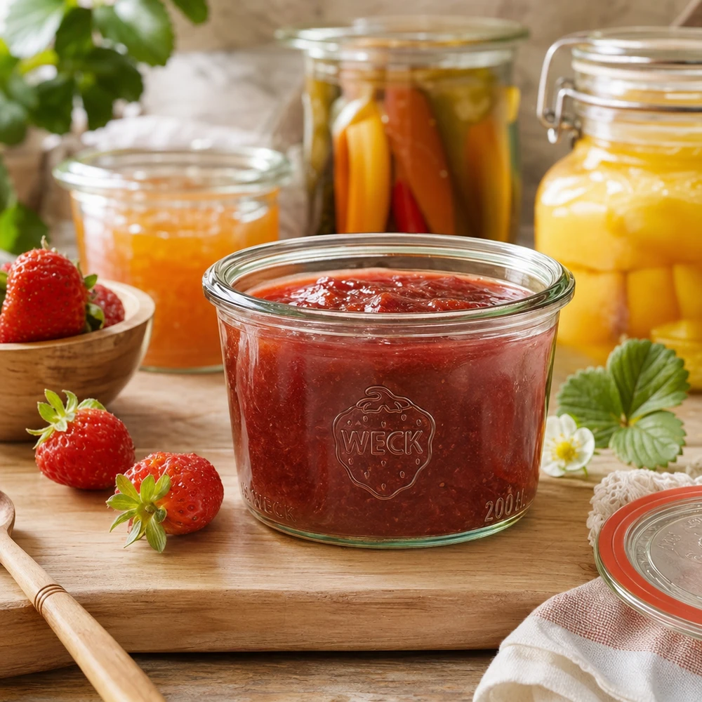 200ml WECK Pot renversé RR80 rempli de confiture de fraises sur une planche en bois à côté de fraises fraîches et de bocaux de conservation