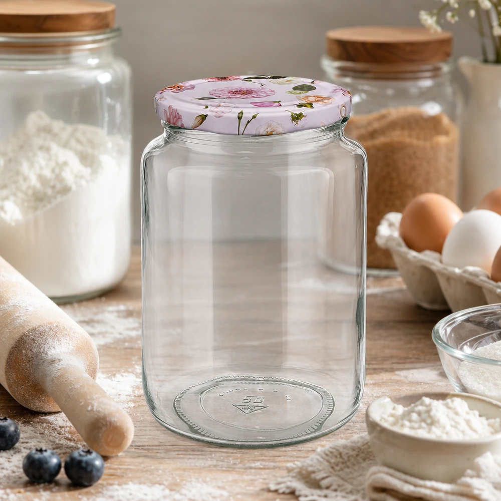 Pot rond de 795 ml + couvercle BasicSeal fleur rose UNiTWIST 795ml Bocal rond vide sur table en bois Cuisine Ingrédients de boulangerie Farine Œufs BasicSeal Couvercle rose Fleurs Bocal à conserves