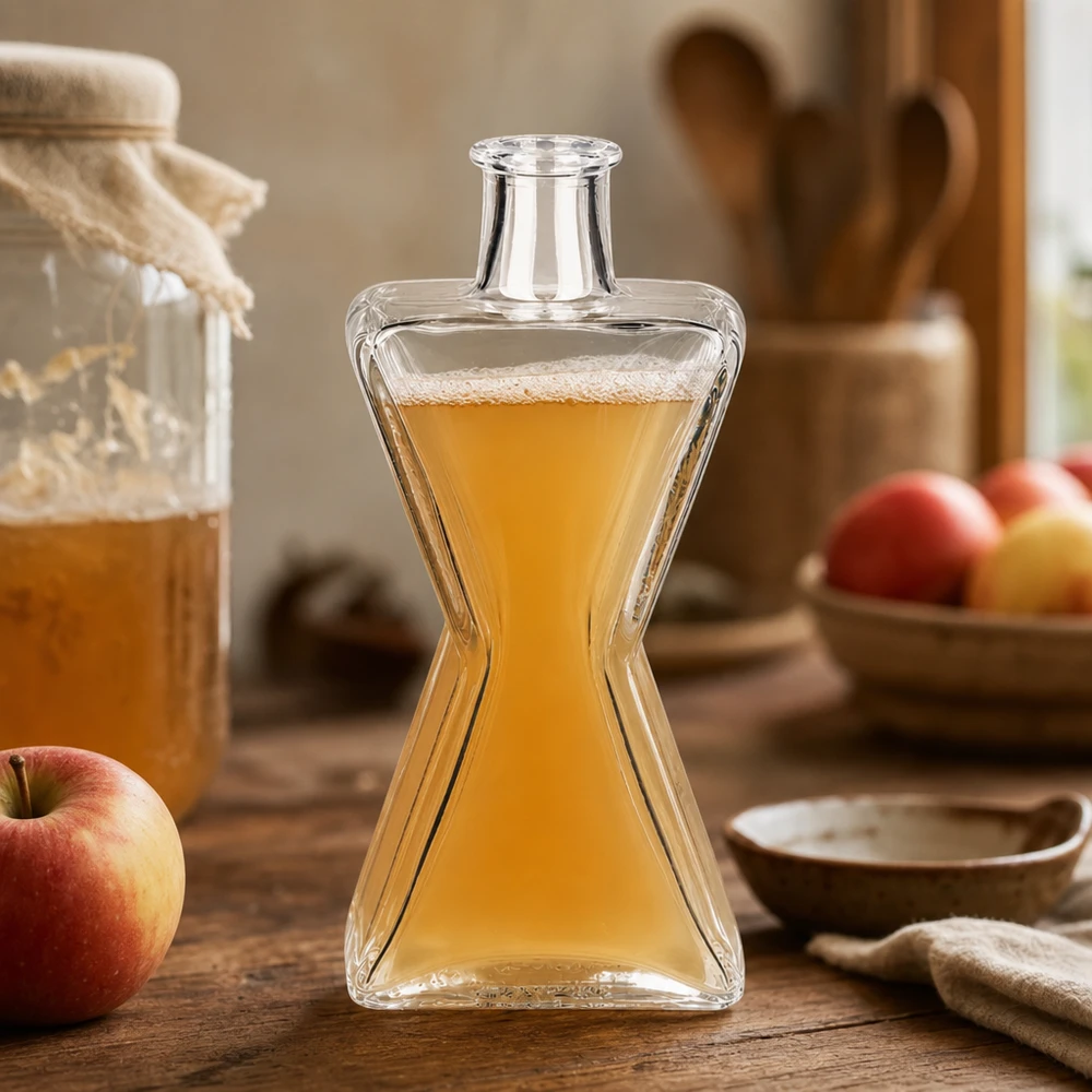 Bouteille en verre Star de 200 ml remplie de jus de pomme dans une cuisine rustique à côté de pommes fraîches comme bouteille de jus de fruit