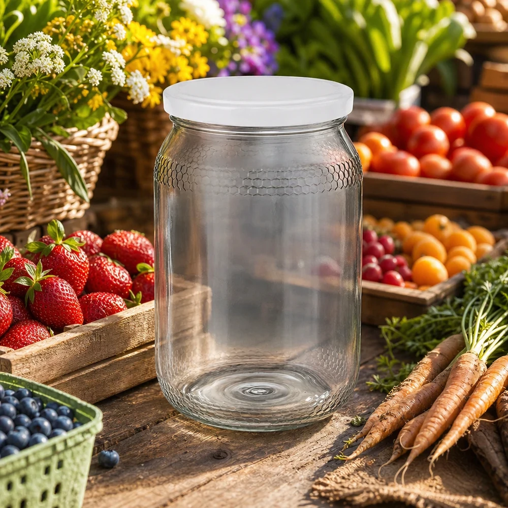 Pot à miel 1260 g avec couvercle blanc BasicSeal UNiTWIST Pot de miel vide de 900ml avec couvercle blanc BasicSeal entre les fruits et légumes frais montre une utilisation naturelle