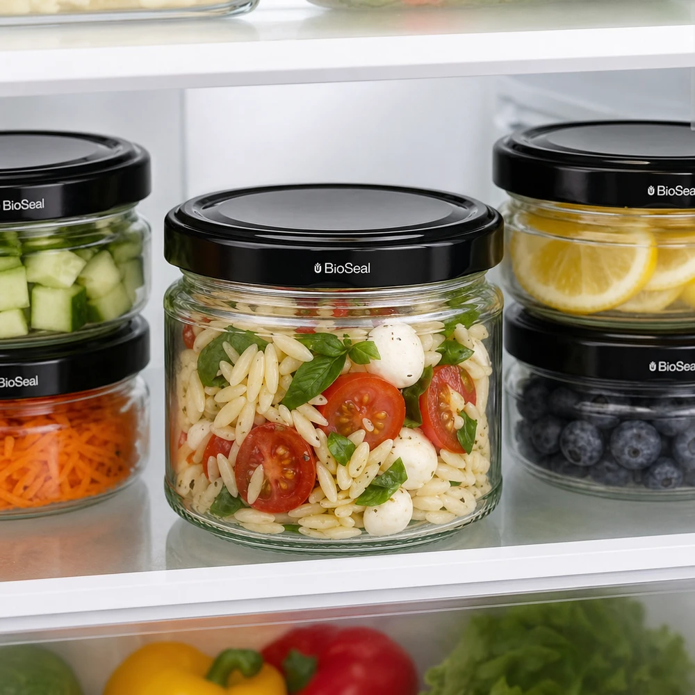 330ml Verre rond avec couvercle BioSeal noir UNiTWIST Bocaux Runda330 UniTWIST avec couvercles noirs TO82 BioSeal dans le réfrigérateur pour la conservation de la salade et des aliments
