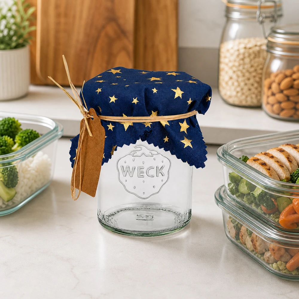 Couvercle en tissu bleu étoiles 120x120mm carré Couvercle en tissu bleu étoilé 12cm sur bocal WECK dans cuisine moderne avec bols Meal-Prep et bocaux à provisions