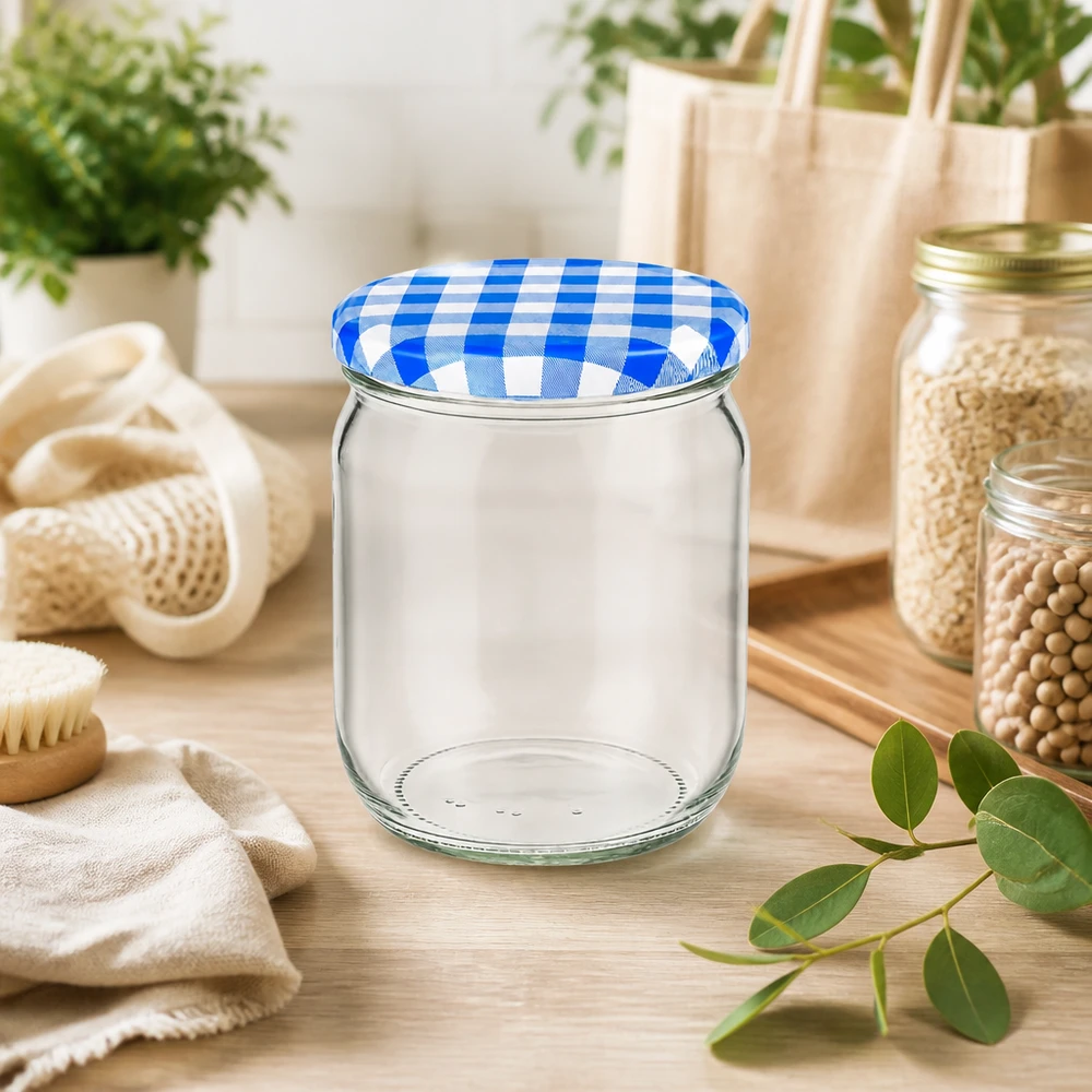 425ml Verre rond BasicSeal couvercle bleu-blanc à carreaux style de vie durable Zero Waste équipement de cuisine écologique
