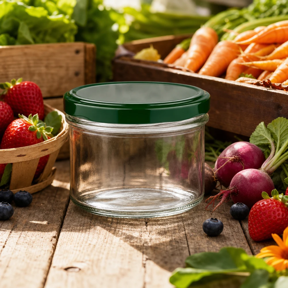 Pot de conserve de 225 ml avec couvercle vert disposé parmi des fruits et légumes frais sur une table en bois rustique