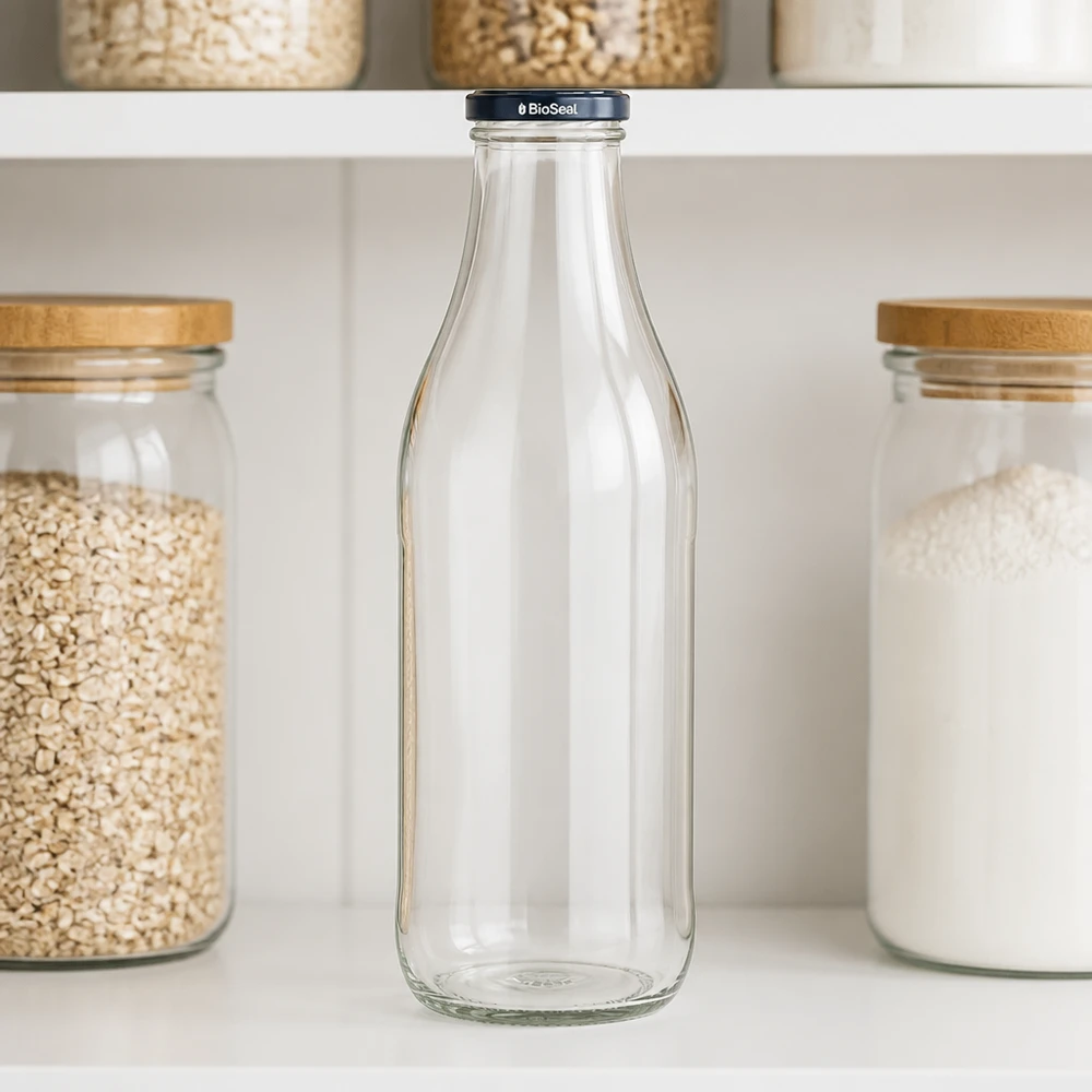 Bouteille en verre 1000ml BioSeal couvercle noir Étagère de cuisine Conservation Stockage Céréales Flocons d'avoine Zero Waste