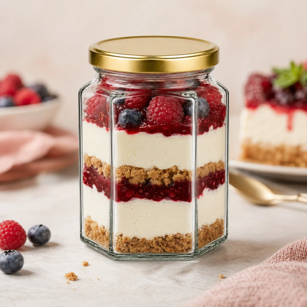 288ml Hexaglas BasicSeal gold mit Schicht-Dessert aus Beeren und Creme zeigt elegante Präsentation von Nachspeisen