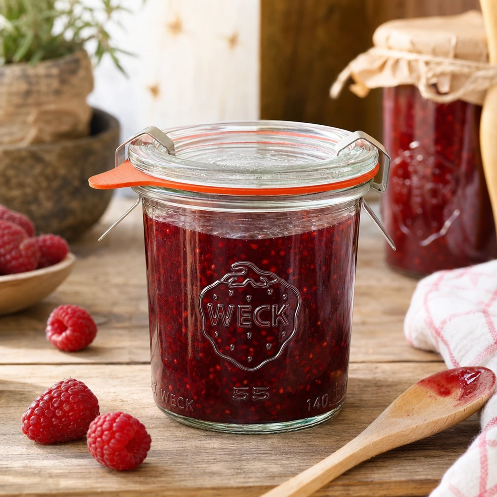 140ml bocal conique complet WECK RR60 WECK Pot de conservation 140ml RR60 rempli de confiture de framboises dans une cuisine rustique avec des baies fraîches et une cuillère en bois
