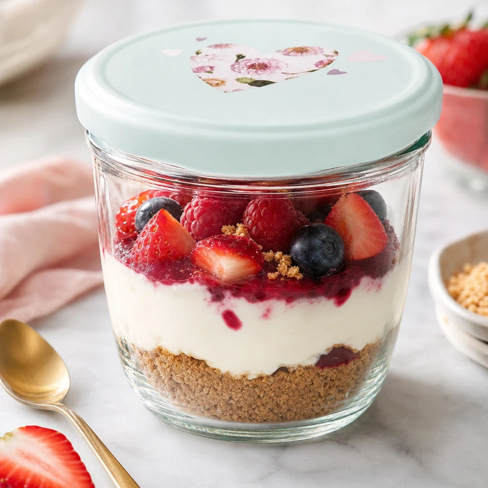 Dessert aux fruits rouges en pot renversé de 230 ml avec couvercle en forme de cœur BasicSeal menthe, dessert stratifié au yaourt et aux fruits frais