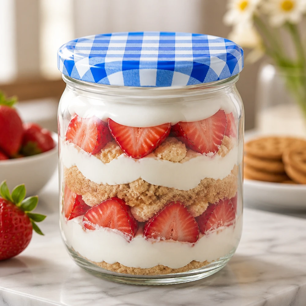 425ml Verre rond avec couvercle BasicSeal bleu/blanc UNiTWIST 425ml Rundglas als Dessertglas mit Erdbeeren und Sahne zeigt dekorative Verwendung mit blau-weißem BasicSeal Deckel