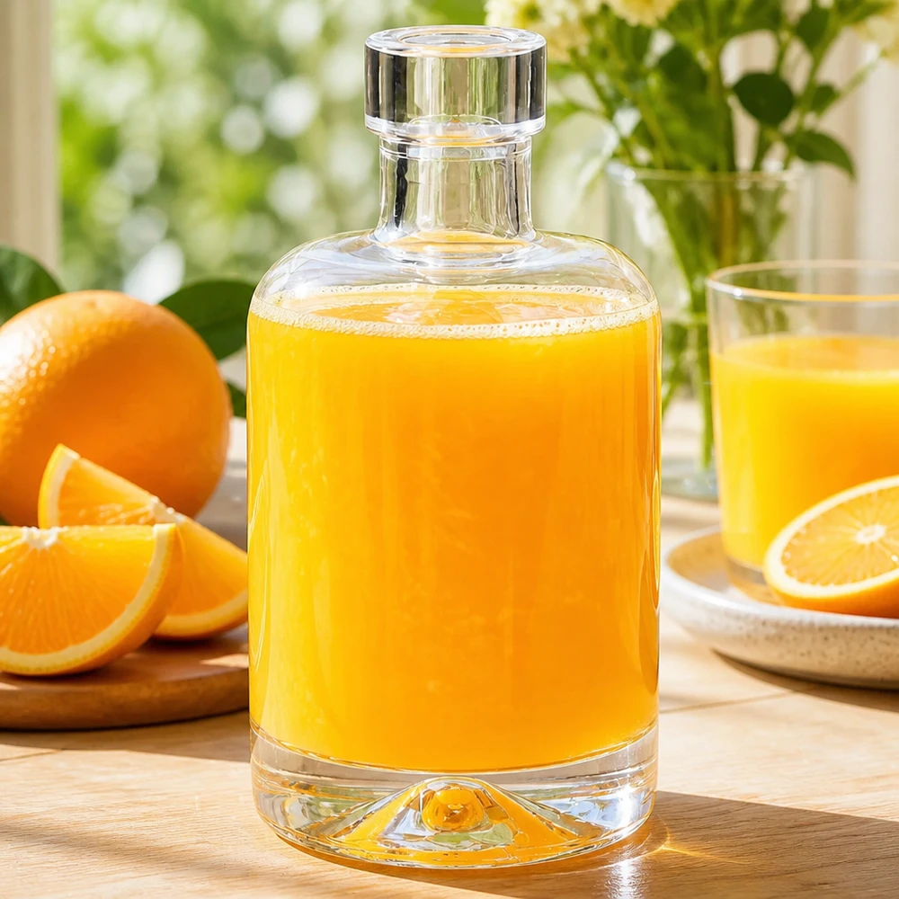 Bouteille en verre Amélie de 50 ml remplie de jus d'orange à côté d'oranges fraîches montre l'utilisation pour les jus de fruits et les smoothies
