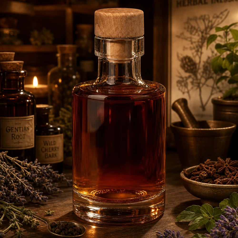 Bouteille en verre 100 ml « Marie » avec bouchon en bois UNiTWIST® Flacon en verre Marie de 100 ml avec bouchon en bois rempli de teinture brune dans une ambiance de pharmacien avec des herbes et des épices