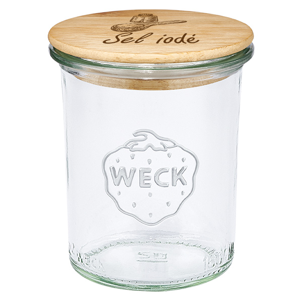 Couvercle en bois « Sel iodé » avec verrine WECK 160 ml Couvercle en bois « Sel iodé » avec verrine WECK 160 ml