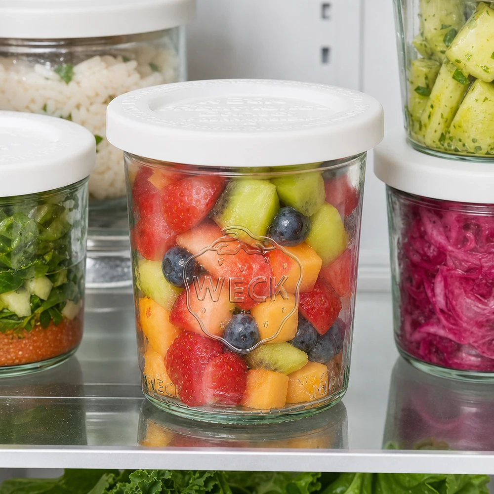 WECK Pot renversé de 160ml RR60 avec salade de fruits colorés dans le réfrigérateur - Meal Prep Container pour fruits frais