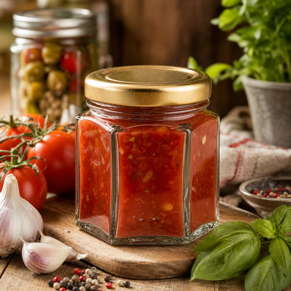 Pot de miel hexagonal de 60 g rempli de confiture de tomates entouré de tomates fraîches, d'ail et de basilic