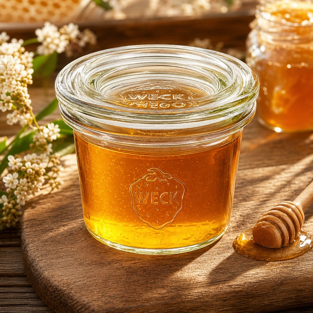 35ml bocal conique avec bouchon en verre WECK RR40 WECK Pot renversé 35ml RR40 rempli de miel entre des fleurs sur une planche en bois montre une utilisation naturelle