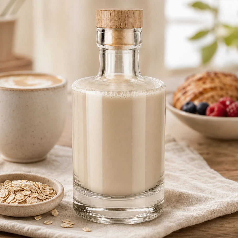 Bouteille en verre 200 ml « Marie » avec bouchon en bois UNiTWIST® 200ml Glasflasche Marie mit cremiger Hafermilch befüllt, Holzkorken, gemütliches Frühstücks-Ambiente mit Haferflocken un