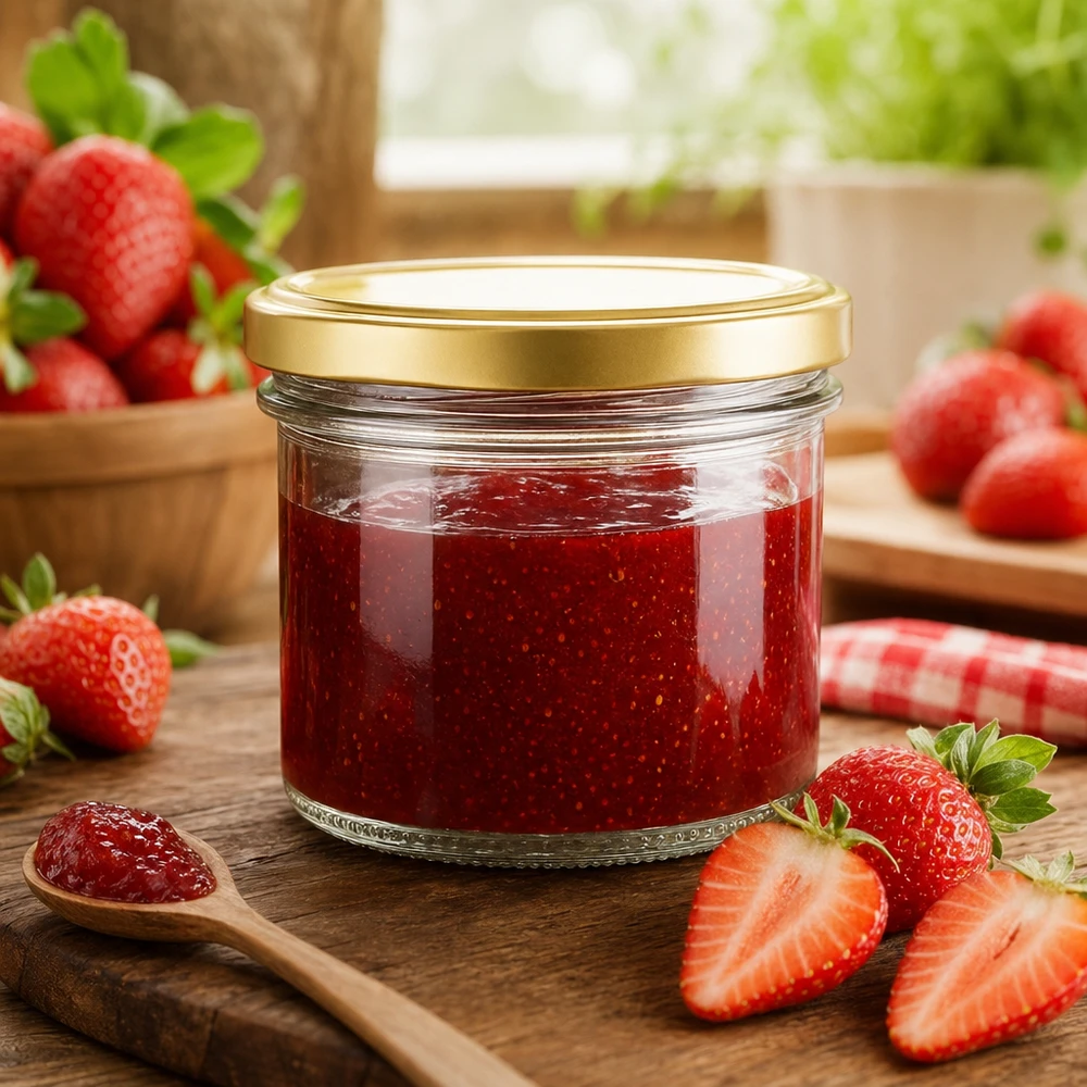 125ml Verre conique avec couvercle BasicSeal or UNiTWIST 125ml Sturzglas mit goldenem BasicSeal Deckel gefüllt mit Erdbeermarmelade auf Holzbrett mit frischen Erdbeeren