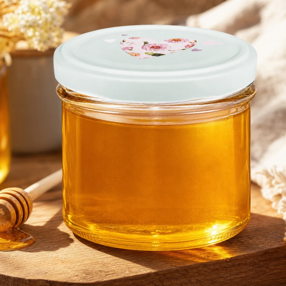 225ml verre à pied menthe BasicSeal couvercle en forme de coeur rempli de miel jaune doré sur table en bois avec cuillère à miel