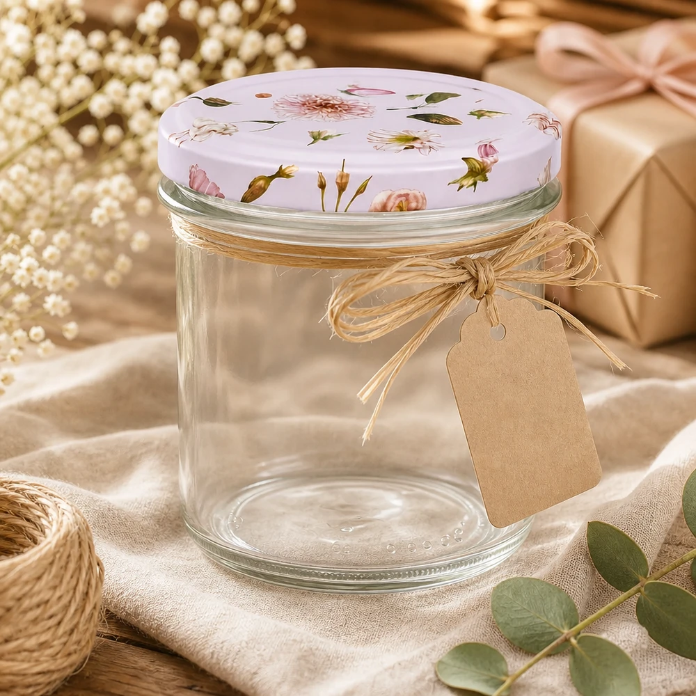Verre renversé 350ml BasicSeal décor floral rose comme idée de cadeau avec boucle de jute Pendentif en papier kraft Décoration