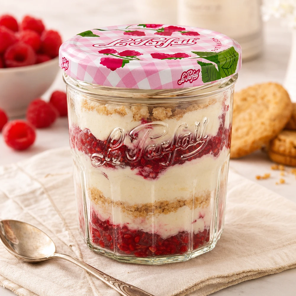 Le Parfait® Jam 324 ml Ø82 mm pot confiture Verre renversé Le Parfait de 324 ml avec dessert aux framboises et au mascarpone et couvercle décoratif à visser à côté d'une cuillère et de biscuits