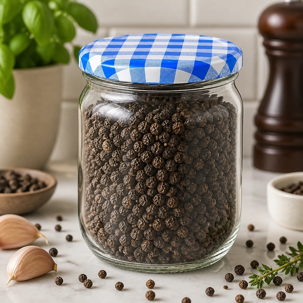 425ml bocal rond rempli de grains de poivre montre rangement de cuisine pratique avec couvercle à carreaux bleu et blanc