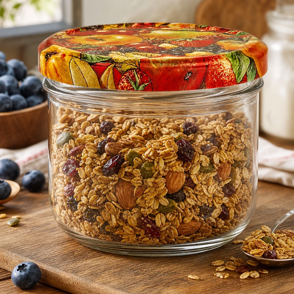 Pot de 260 ml avec couvercle à fruits rempli de céréales et de noix comme récipient de stockage dans la cuisine