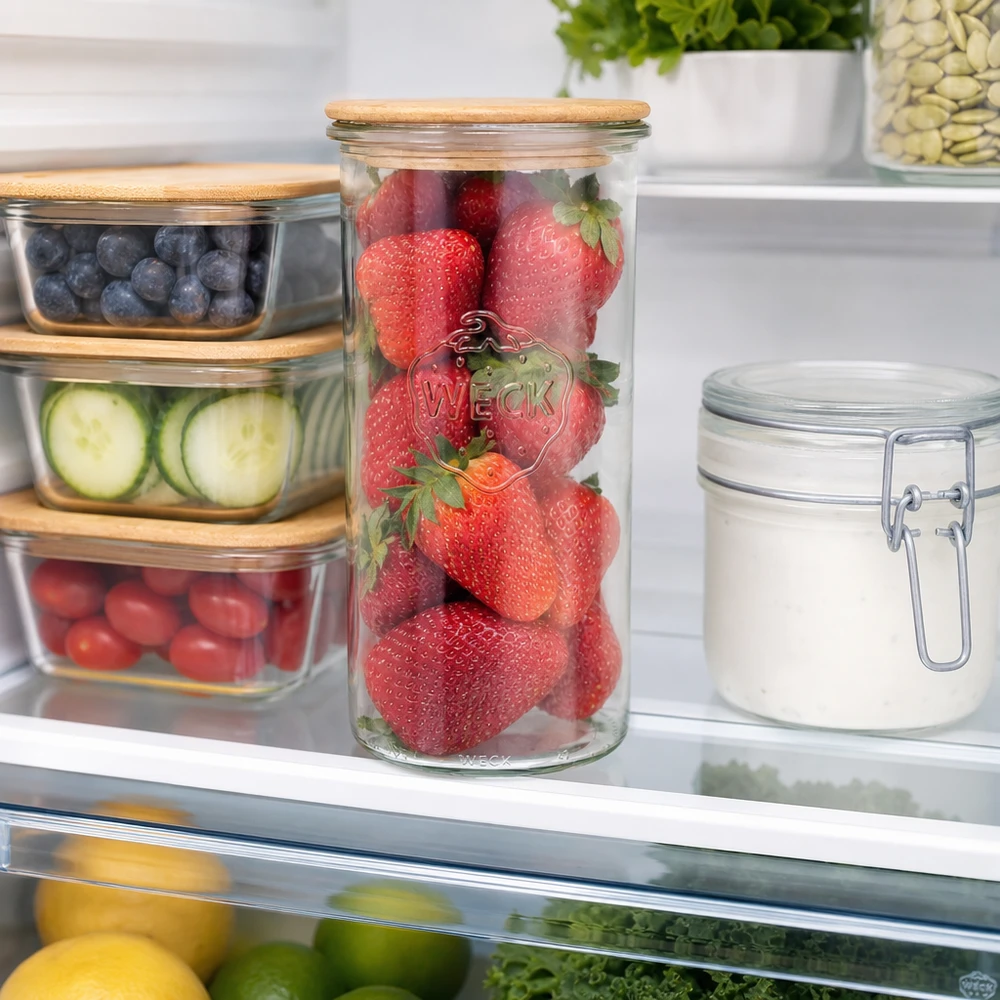 1500ml bocal conique WECK RR100 avec couvercle en bois WECK Sturzglas 1500ml RR100 mit Holzdeckel im Kühlschrank gefüllt mit frischen Erdbeeren für Frischhaltung