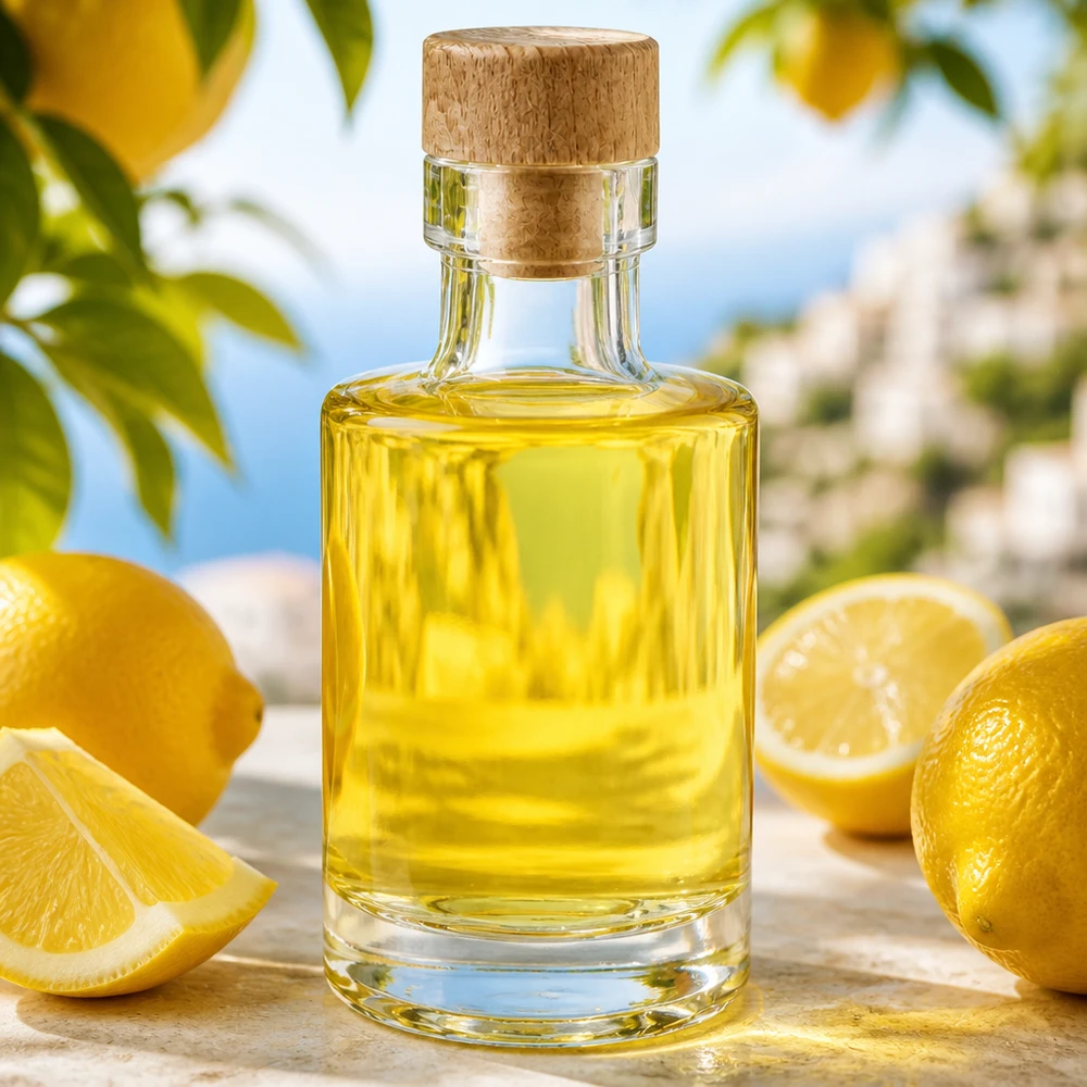 Bouteille en verre 100 ml « Marie » avec bouchon en bois UNiTWIST® Bouteille en verre Marie de 100 ml avec bouchon en bois remplie d'huile jaune entourée de citrons dans une atmosphère méditerranéenne