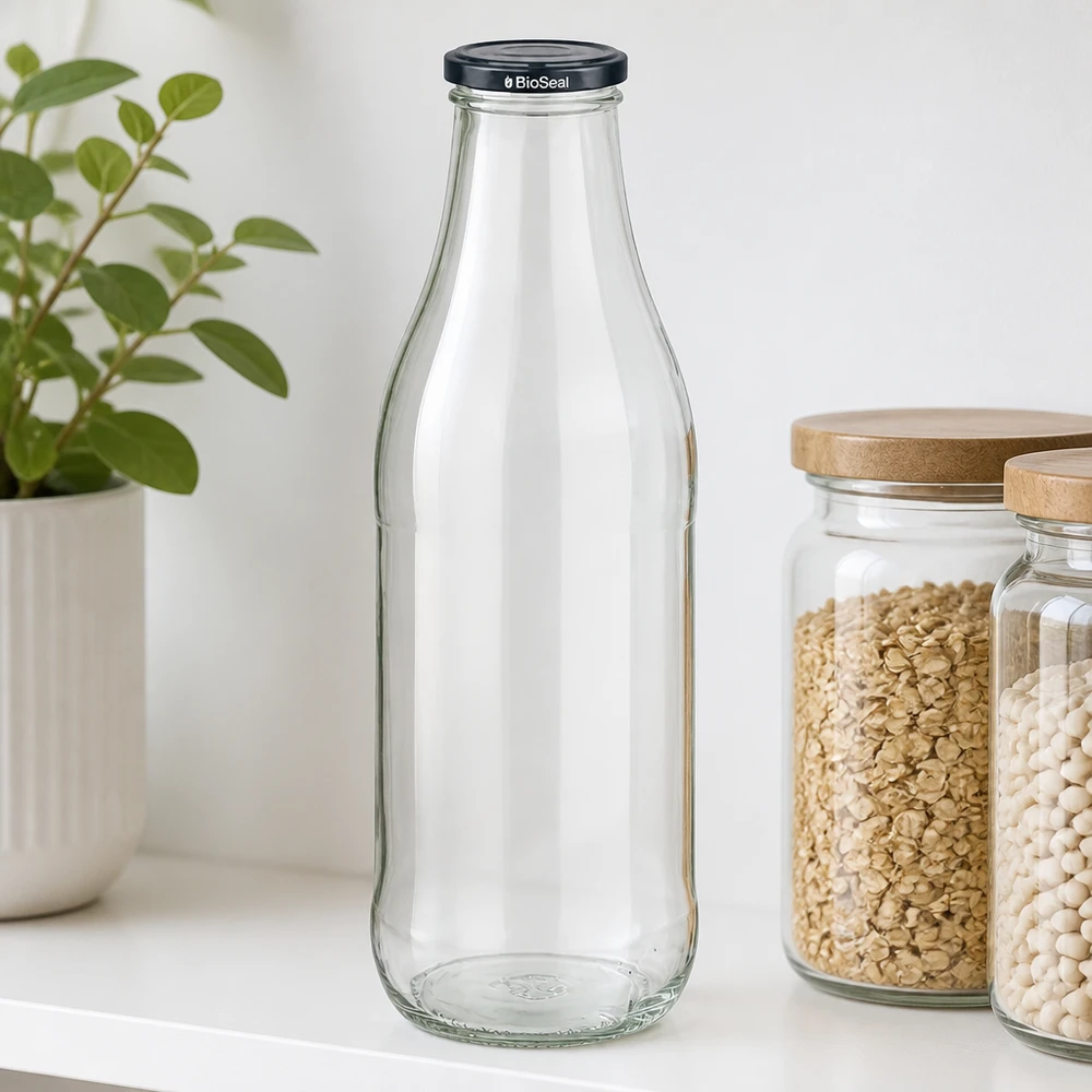 Bouteille en verre 1000ml BioSeal couvercle noir Étagère de cuisine Flocons d'avoine Haricots blancs Bocaux de stockage Couvercle en bois Plante