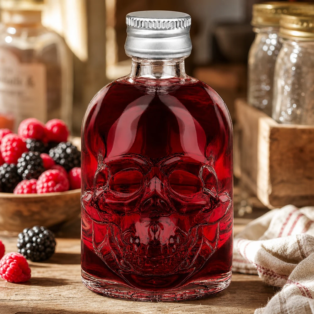 Bouteille en verre 50 ml « Hector » et bouchon à vis argenté UNiTWIST® Bouteille en verre Hector de 50 ml remplie de liqueur de baies rouges entre les framboises et les mûres dans une cuisine rustique