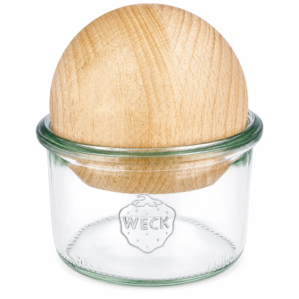 200ml bocal conique WECK RR80 avec boule en bois en hêtre WECK Pot renversé 200ml RR80 avec boule en bois de hêtre comme couvercle, verre clair avec logo WECK, pot de conservation durable