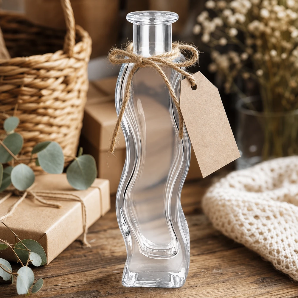Flacon en verre « Melissa » 100 ml sans bouchon UNiTWIST® Bouteille en verre Melissa 100ml avec pendentif en papier kraft et corde de jute décorée dans une ambiance rustique avec de l'eucalyptus
