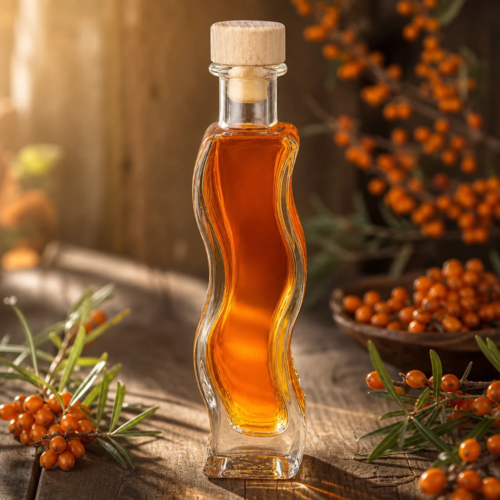 Bouteille en verre Melissa 100ml remplie d'huile d'argousier entre des branches d'argousier décoration naturelle Bouchon en bois
