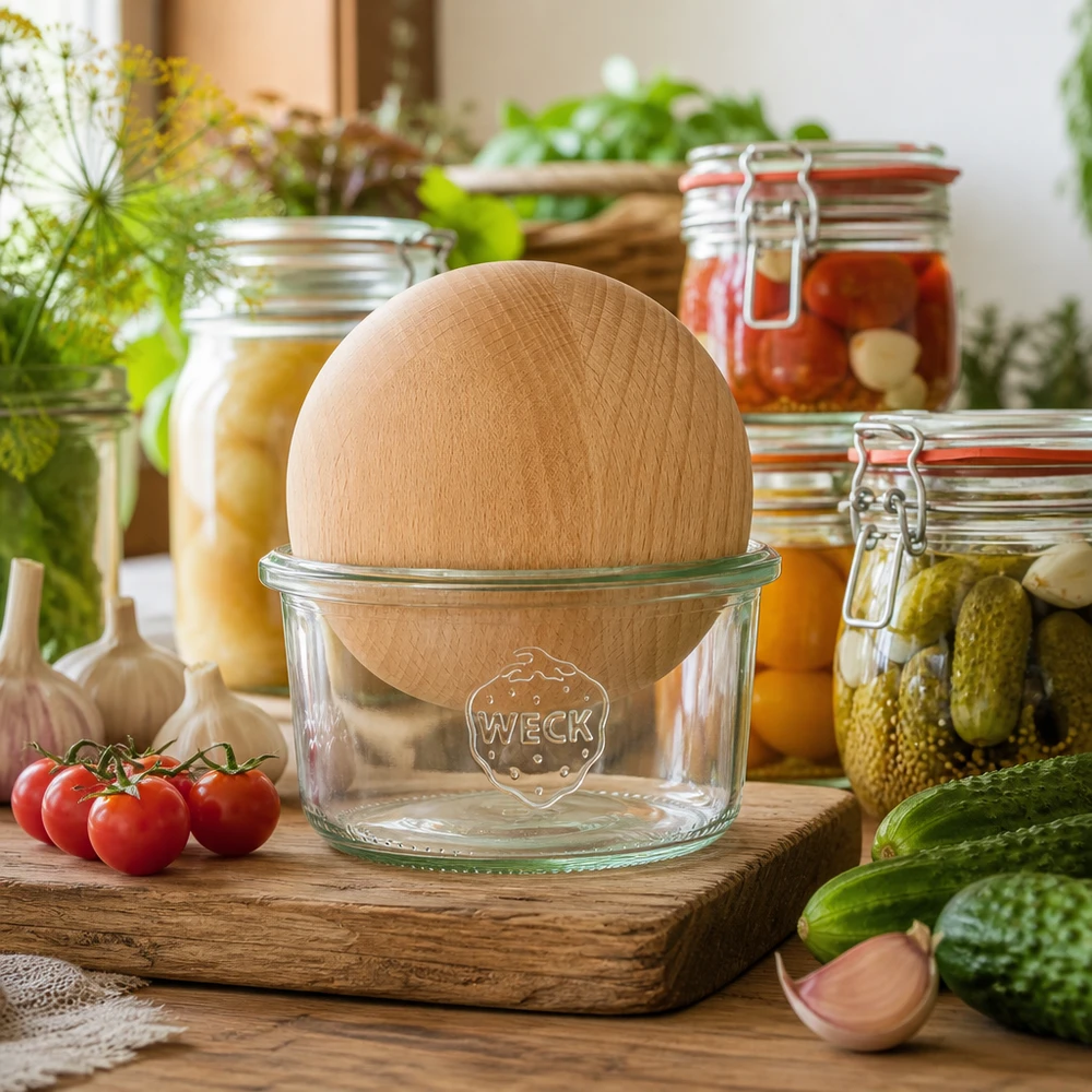 WECK Pot renversé RR80 165ml avec boule en bois de hêtre dans une cuisine rustique entre les bocaux et les légumes frais