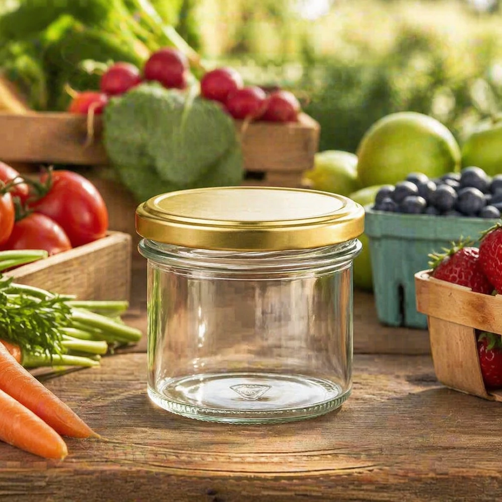 125ml Verre conique avec couvercle BasicSeal or UNiTWIST 125ml Sturzglas mit goldenem Deckel zwischen frischem Obst und Gemüse - ideal für hausgemachte Marmelade