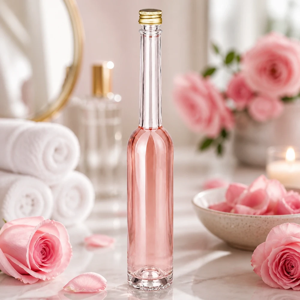 Flacon en verre Toni de 100ml avec liquide rose dans une ambiance spa - bouchon en or UNiTWIST entre les roses