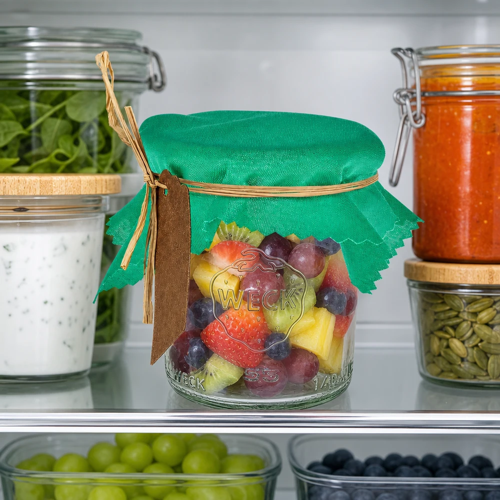 Cache-bijoux en tissu vert 12cm carré sur salade de fruits bocal dans le réfrigérateur entre les récipients de stockage
