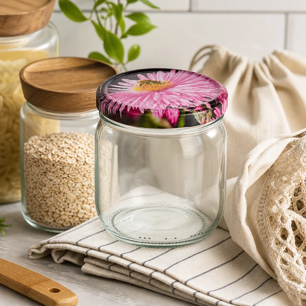425ml Verre rond avec couvercle BasicSeal decor floral UNiTWIST 425ml pot rond avec couvercle rose fleuri vide en cuisine durable avec bocaux à provisions et sac en coton