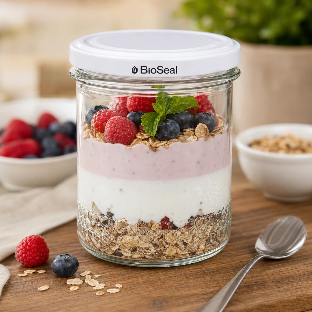 Pot à miel 560 g avec couvercle blanc BioSeal UNiTWIST BioSeal pot de miel 400ml comme bol à céréales avec yaourt baies et granola montre une utilisation polyvalente en cuisine