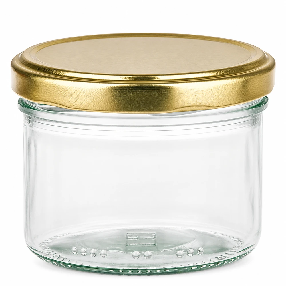 Pot cylindrique vide de 230ml avec couvercle à visser BioSeal doré pour la conservation de confiture de miel