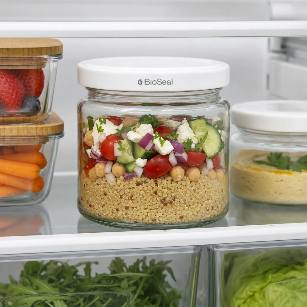 212ml Verre rond avec couvercle BioSeal blanc UNiTWIST UNiTWIST Runda212 Bocal de stockage dans le réfrigérateur rempli de salade de quinoa montre une utilisation pratique Meal-Prep