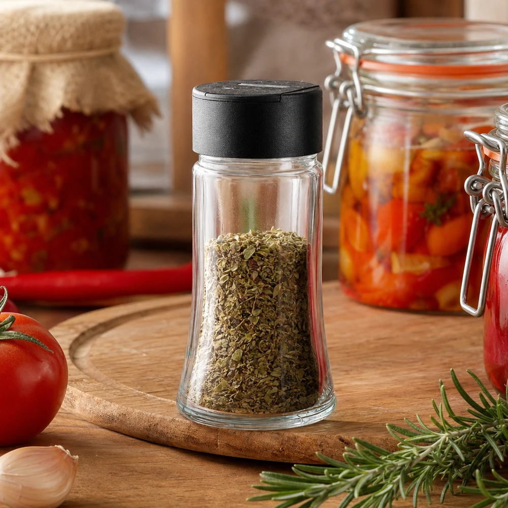 Pot à sel/épices 95 ml avec double saupoudreuse, noir Pot à épices de 95 ml rempli d'origan, muni d'un saupoudreur double noir, posé sur une planche en bois décorée de tomates